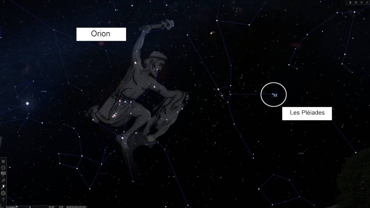 Carte du ciel avec Orion et les Pléiades.