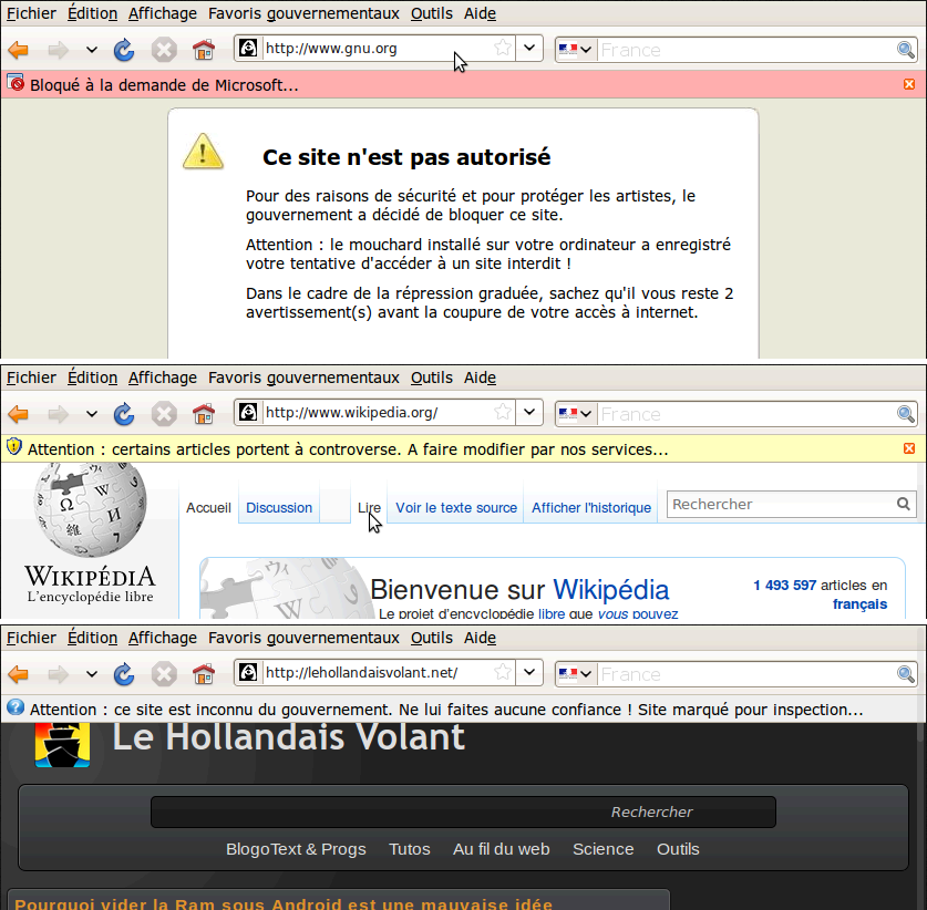 capture d’écran des sites GNU.org, Wikipédia et lehollandaisvolant.net dans le Hadopi-Explorer