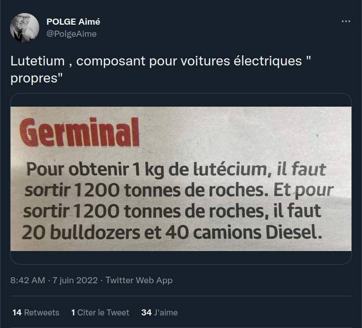 Capture d’écran d’un tweet sur le Lutécium